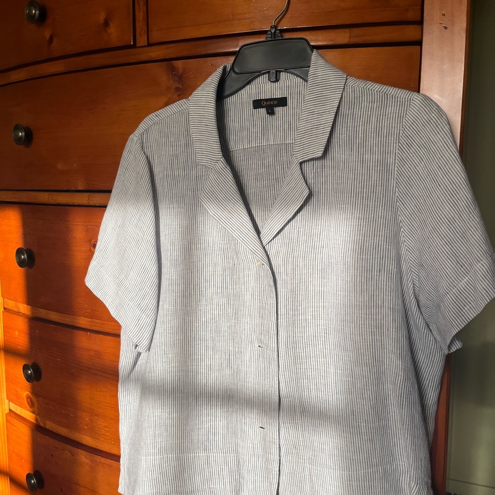 Striped Short Sleeve Linen Blouse